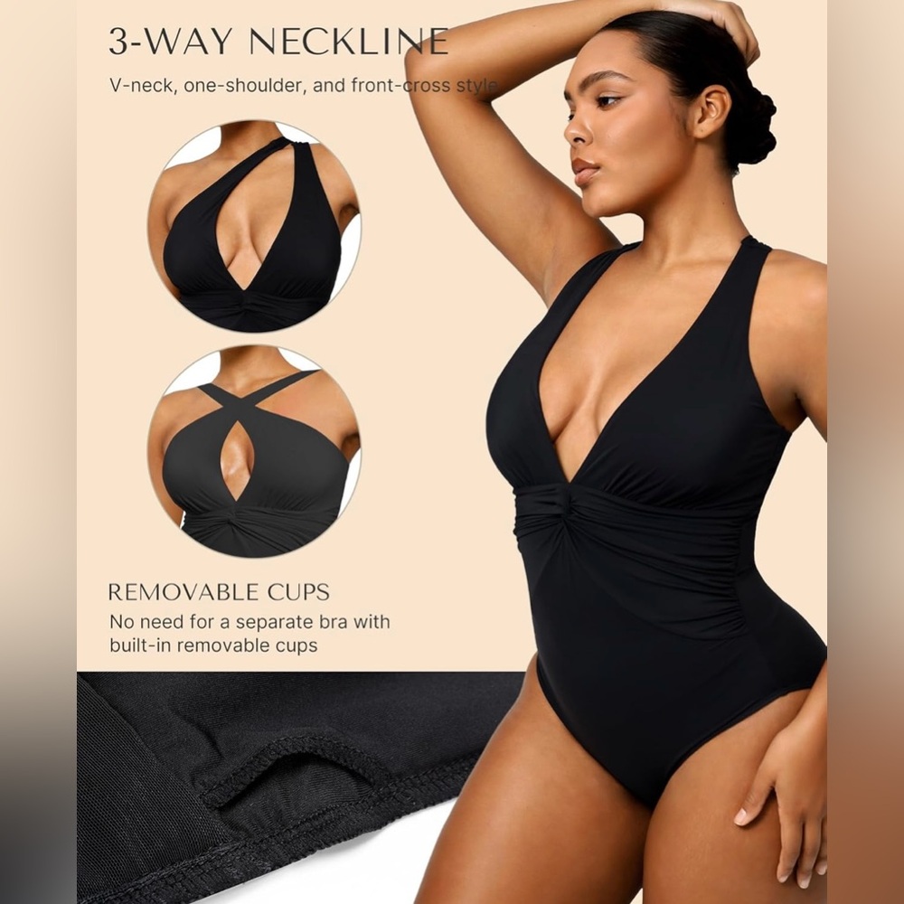 SHAPELLX Women's One Piece Swimsuit Tummy Control Ruched Full Coverage V Neck - Picture 4 of 9